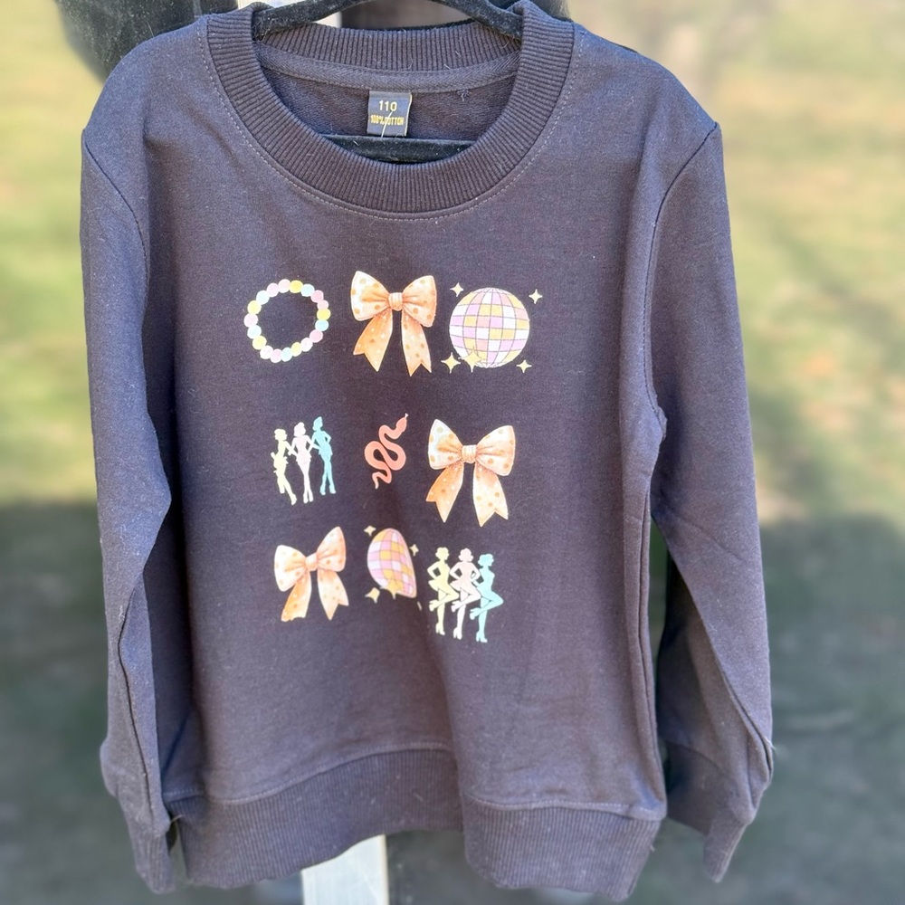 Girls' Black Graphic Sweatshirt with Bow and Disco Print